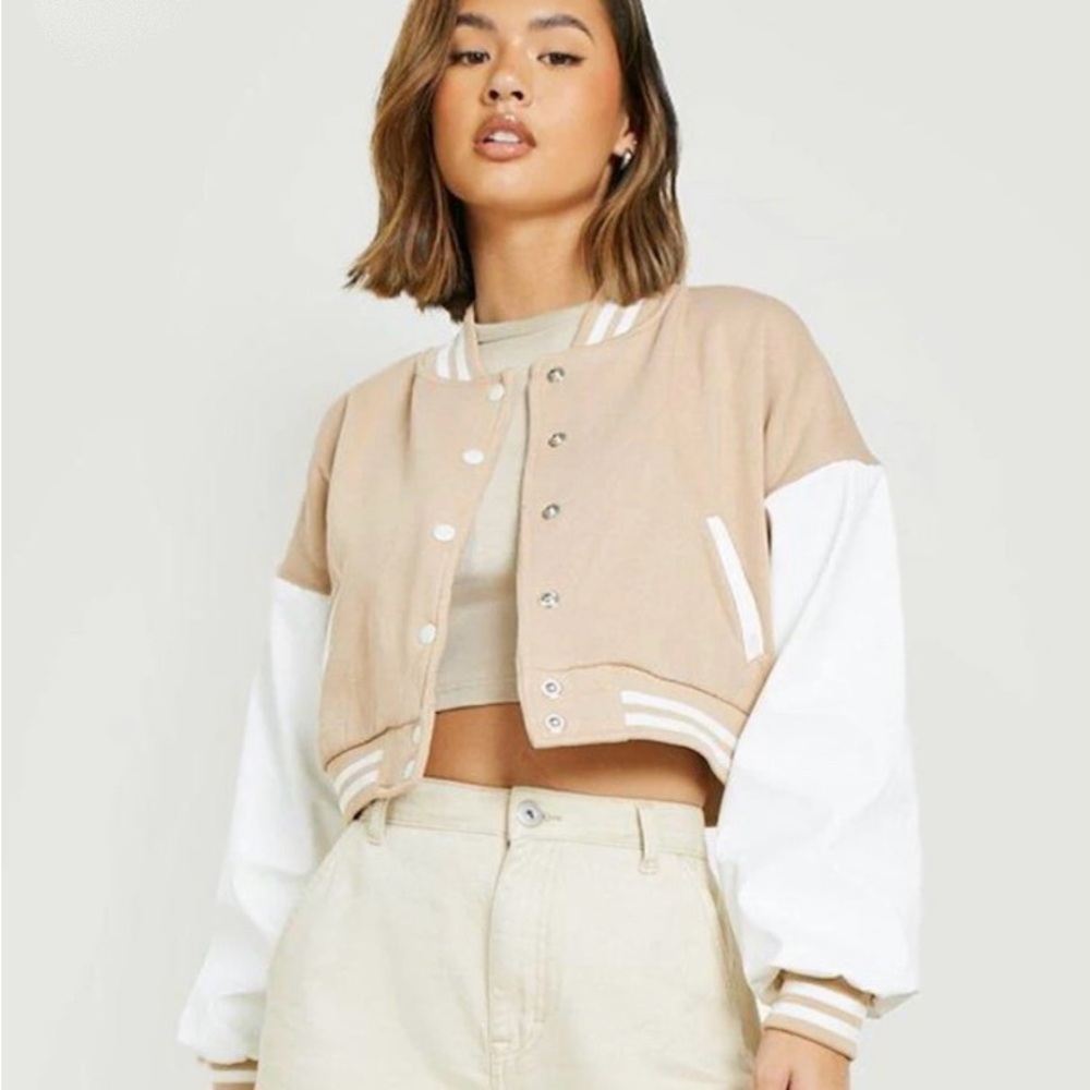 Women's Tan and White Varsity Jacket